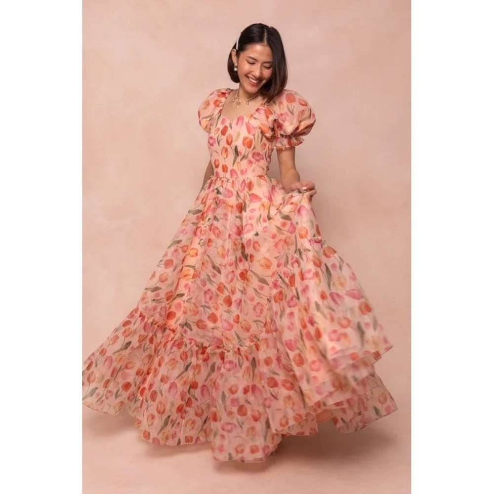 Ivy City Co Pink Tulip Floral Maxi Dress Puff Sleeve Cottagecore Smocked Back S